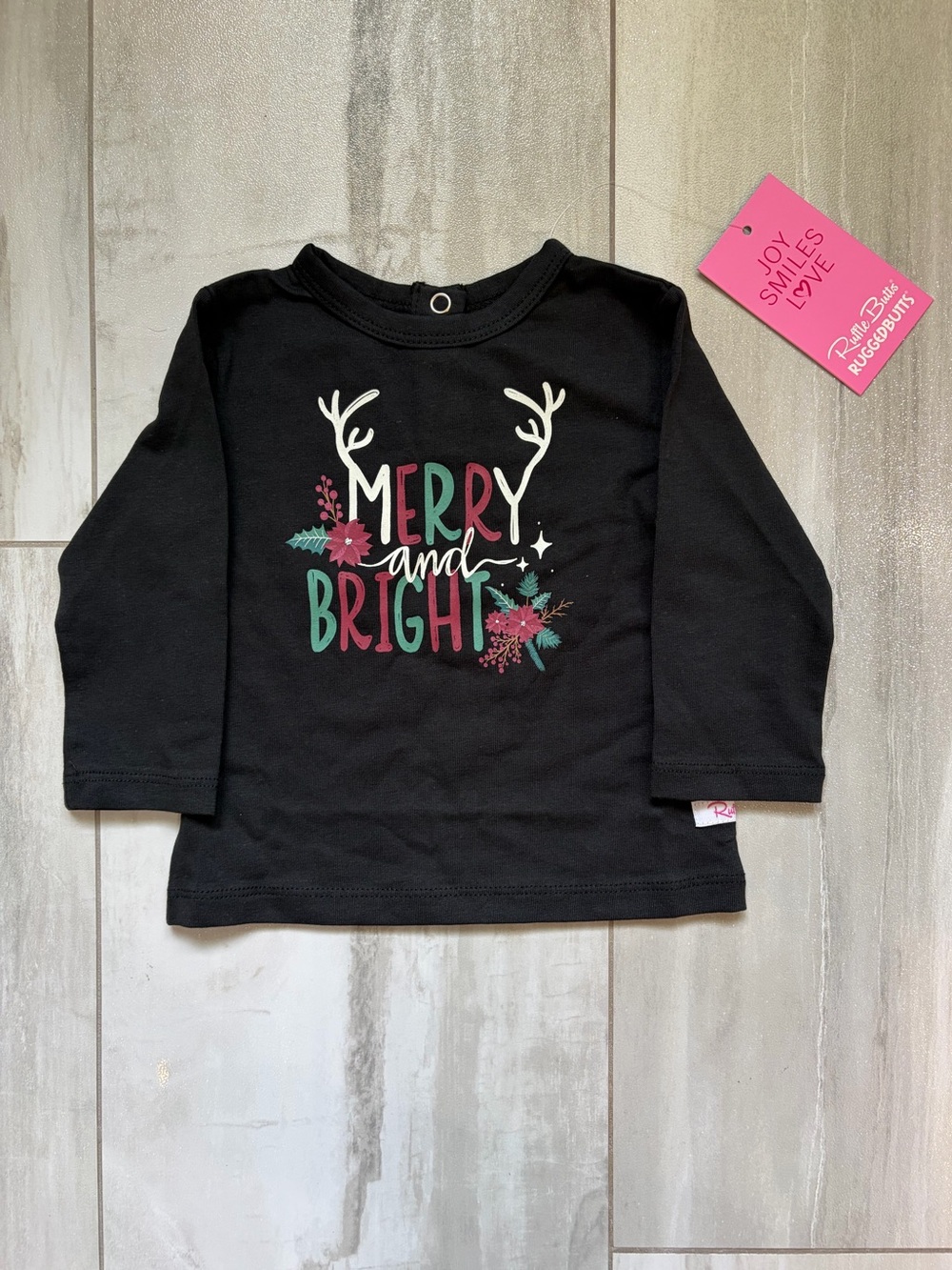 NWT RuffleButts Merry & Bright Festive Long Sleeve Graphic T-Shirt Girls 3-6M